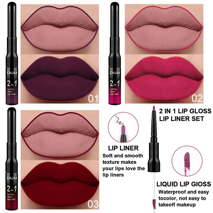 evpct 3Pcs Dark Plum Purple Rose Dark red Matte Lip Liner Pencil and Liquid Lipstick Sets for Women Long Lasting Waterpr