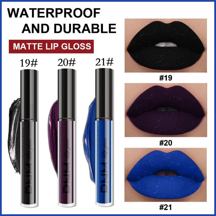 evpct 3Pcs Dark Black Purple Blue Matte Liquid Lipstick Halloween for Women Long Lasting Smudge Proof Black 24 Hours Ori