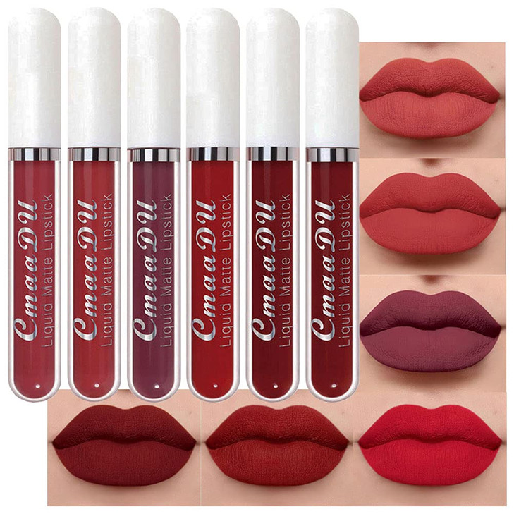 evpct 6Pcs Lipstick Matte Liquid Lipstick Lipgloss Set for Women Dark Deep Bright Ruby Sexy Brick Red Mauve labiales mat