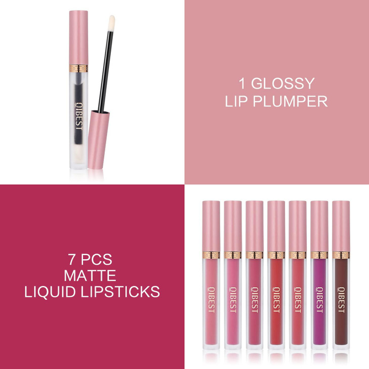 QiBest 7Pcs Matte Liquid Lipstick and 1Pcs Lip Plumper Makeup Set Pigmented Waterproof Halloween Lip Make Up Valentines