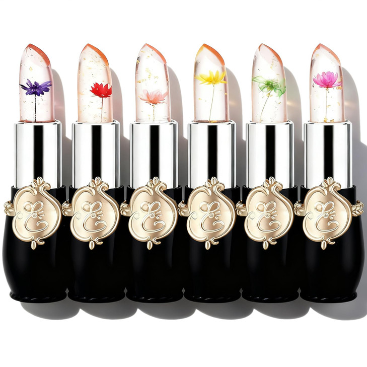 Pack of 6 Crystal Flower Jelly Lipstick Set Long Lasting Nutritious Lip Balm Lips Moisturizer Magic Temperature Color Ch