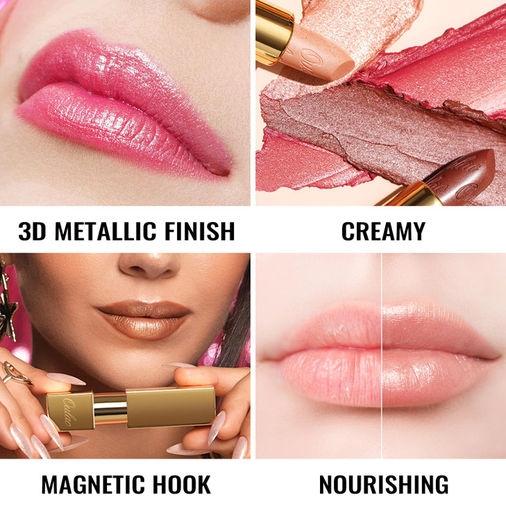 Oulac Light Pink Lipstick for Women with Metallic 3D Shine Lightweight Hydrating Formula High Impact Lip Color Vegan Bea