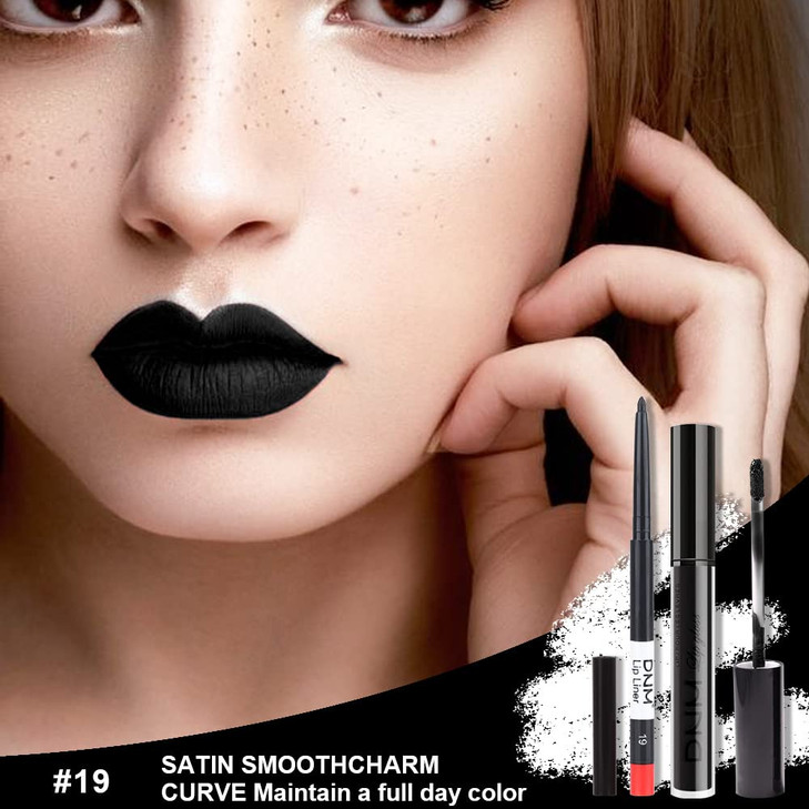 AMYS DIARY 2pcs Black Matte Lip Liner and Lipstick Makeup Set Black Lip Stain and Lip Liner Long Lasting Waterproof Set