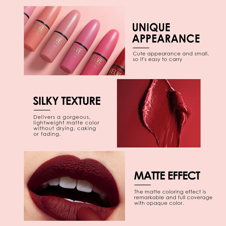 Dulele 6 Colors of Velvet Smooth Matte Lipstick Set Long Lasting Waterproof NonStick Cup Nude Color Lip Makeup Gift Set