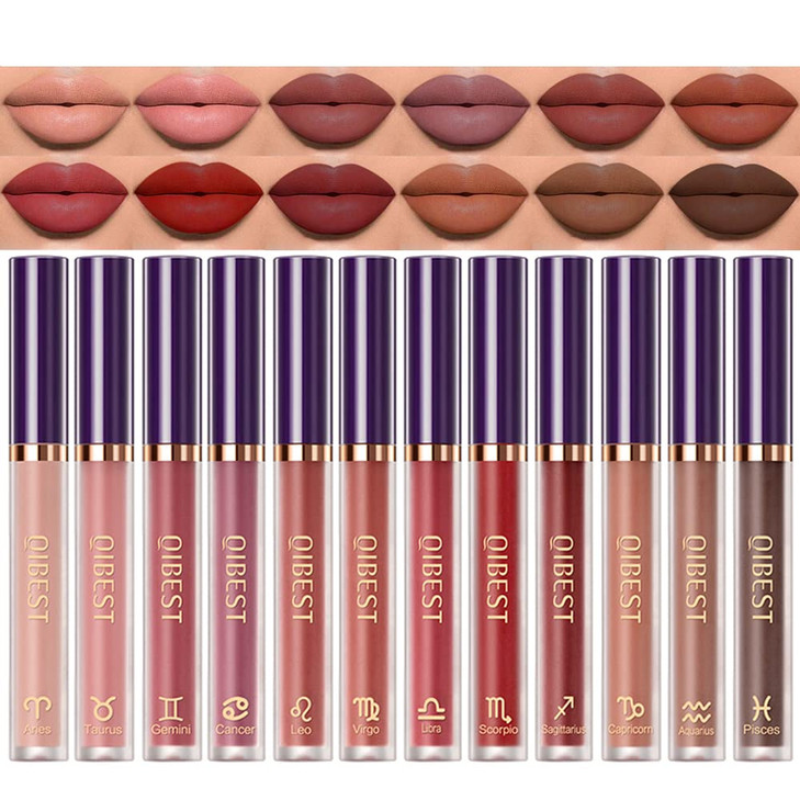 BestLand 12Pcs Matte Lipstick Lip Makeup Kit Velvety Liquid Lipstick Waterproof Long Lasting Durable Nude Zodiac Signs L