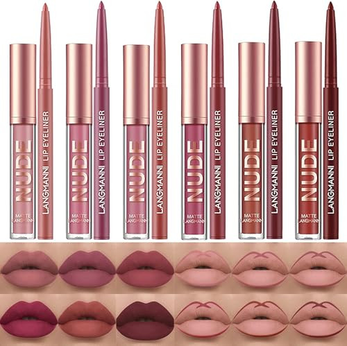 LANGMANNI 6 Matte Lipstick with 6 Lipliners Durable Makeup SetLongLasting NonStick Cup Not Fade Waterproof Pigmented Vel