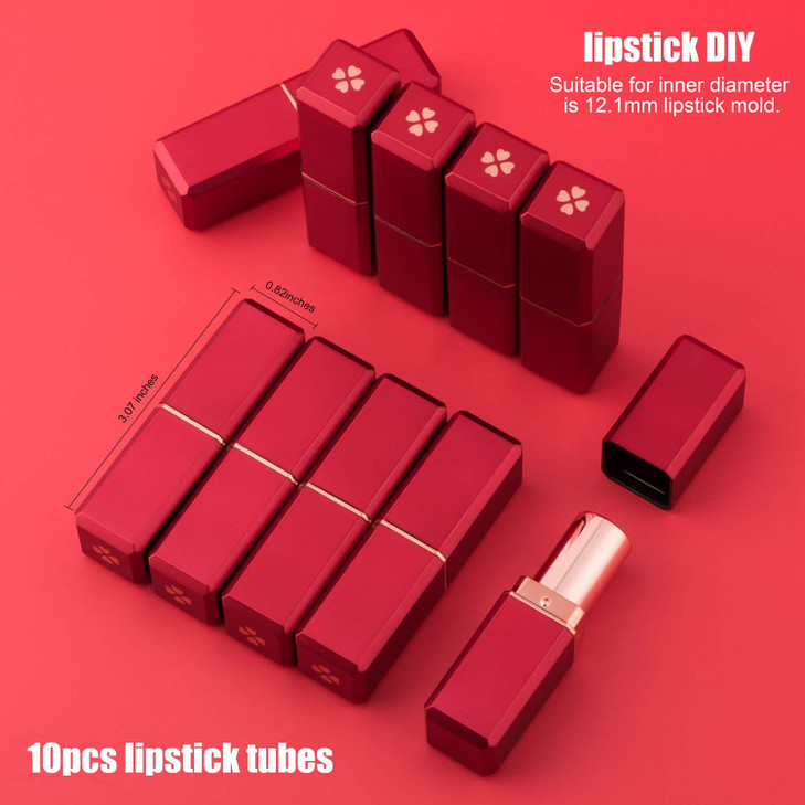 Allwon 10Pcs Red Empty Lipstick Tubes DIY Lip Balm Container Square Tube