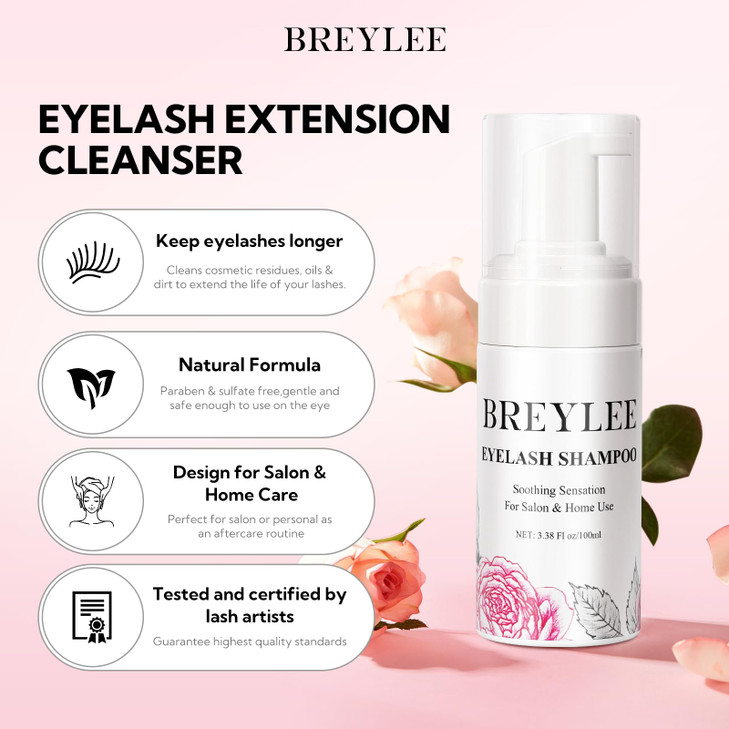BREYLEE 100 ml Lash Shampoo for Lash Extensions Lash Fan DryerRinse BottleBrushesCotton Puff Eyelash Extension Cleanser