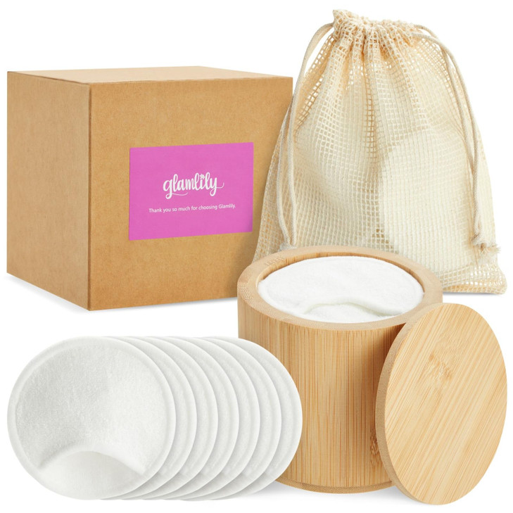 Glamlily Reusable Cotton Pads for Face Makeup Removal with Bamboo Holder and Mesh Storage Bag White 16 Pack