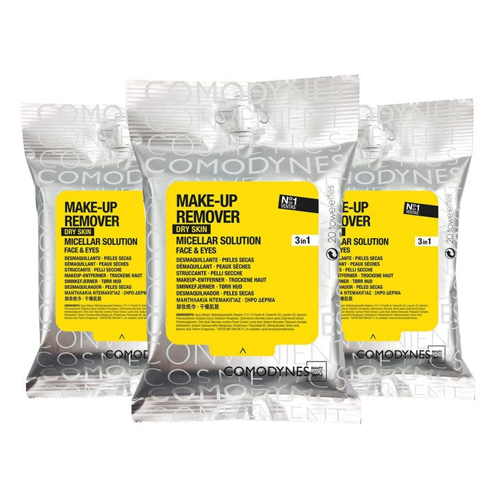 3 Pack COMODYNES Makeup Remover Towels Dry Skin 60 Wipes Skin Care The Wipes for Dry Skin Incorporate SkinFriendly Activ