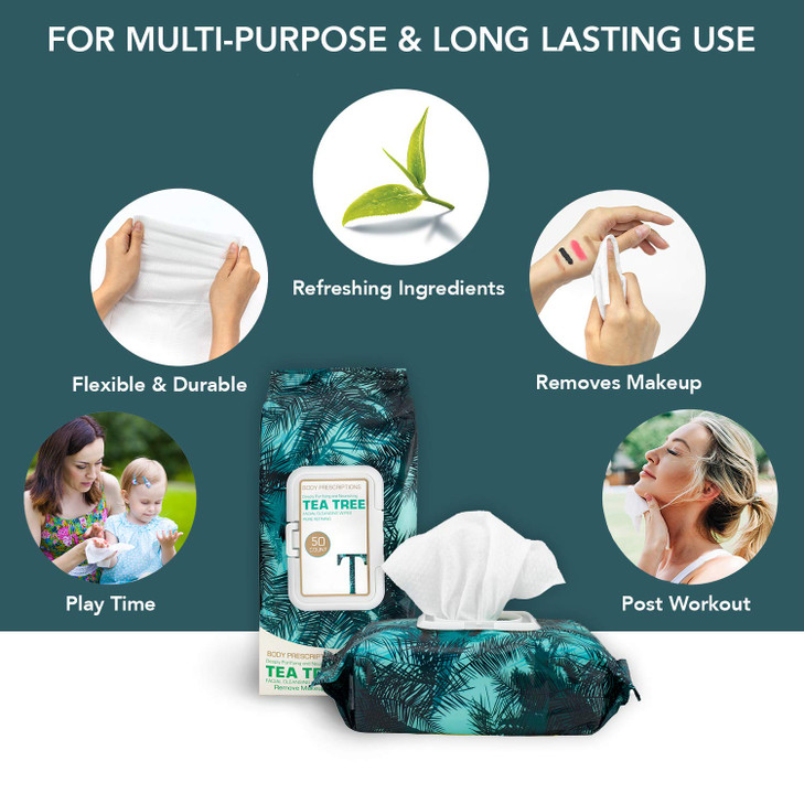 Body Prescription Makeup Cleansing Wipes Gentle and Effective Face Wipes 50 Count Pack of 3 TeaTree
