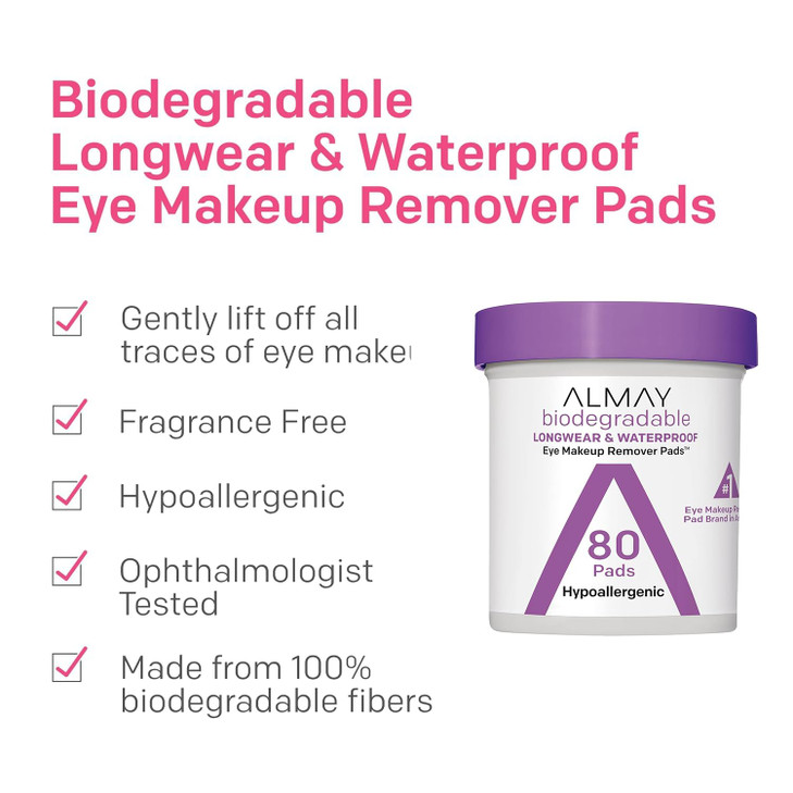 Almay Longwear and Waterproof Eye Makeup Remover Pads 80 Count Pack of 4