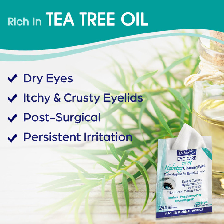 Dr Fischer Tea Tree Eyelid Wipes for Dry Eyes Gentle Eye Wipes for Everyday Eye Conditions and Hypoallergenic Makeup Rem