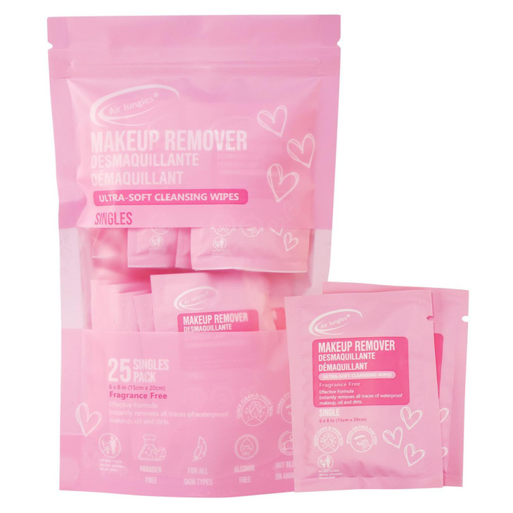Air Jungles Makeup Remover Wipes Single Individully Wrapped 25 Ct Mini Travel Size for Cleansing Face and Eyes Waterproo