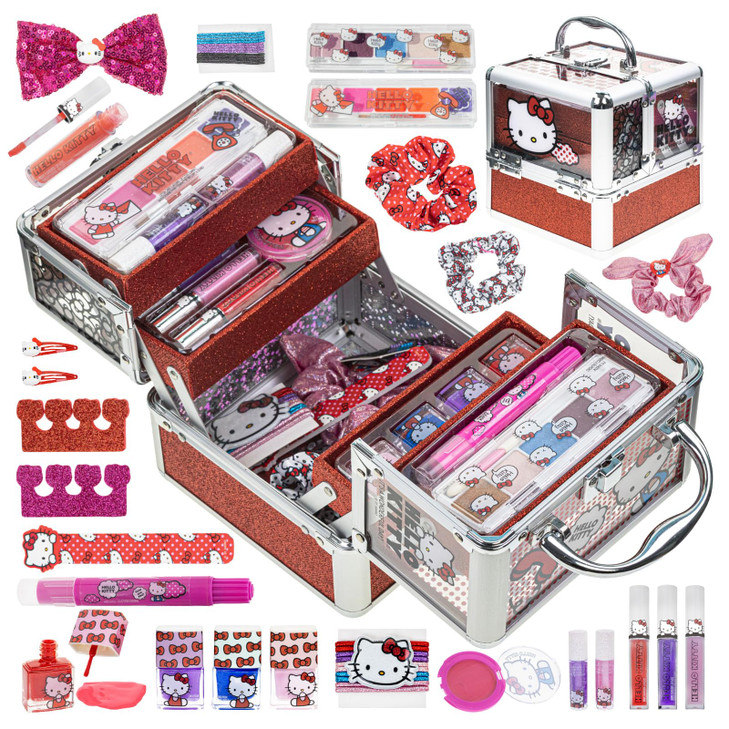 Hello Kitty Train Case Cosmetic Makeup Set Includes Lip Gloss Eye Shimmer Nail Polish Hair Accessories More For Girls Ag