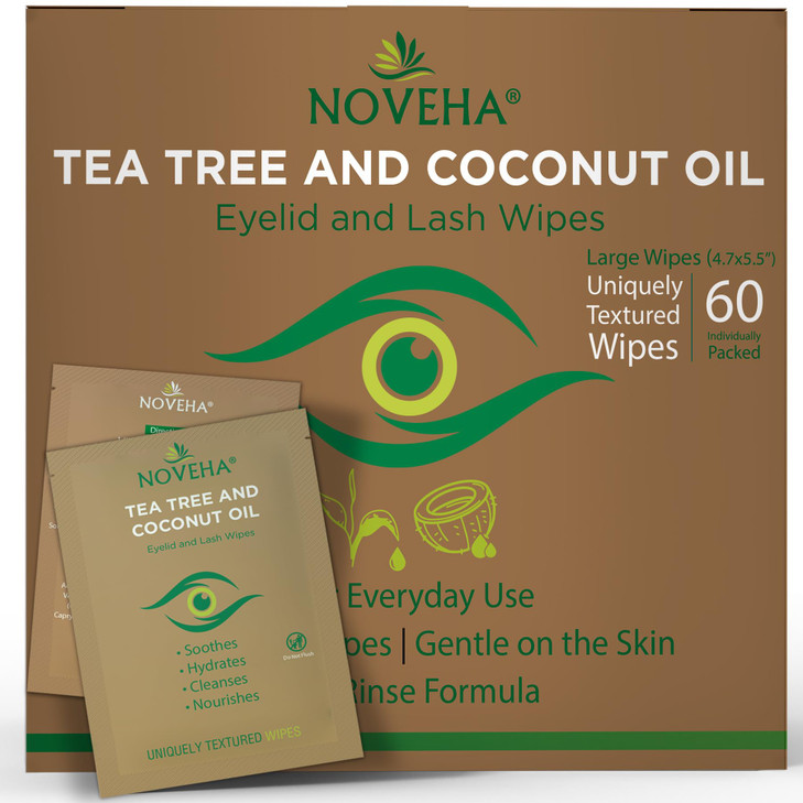 NOVEHA 60PCs Tea Tree Coconut Oil Eyelid Lash Wipes For Demodex Blepharitis Itchy Eyes Individually Wrapped Eyelash Wipe