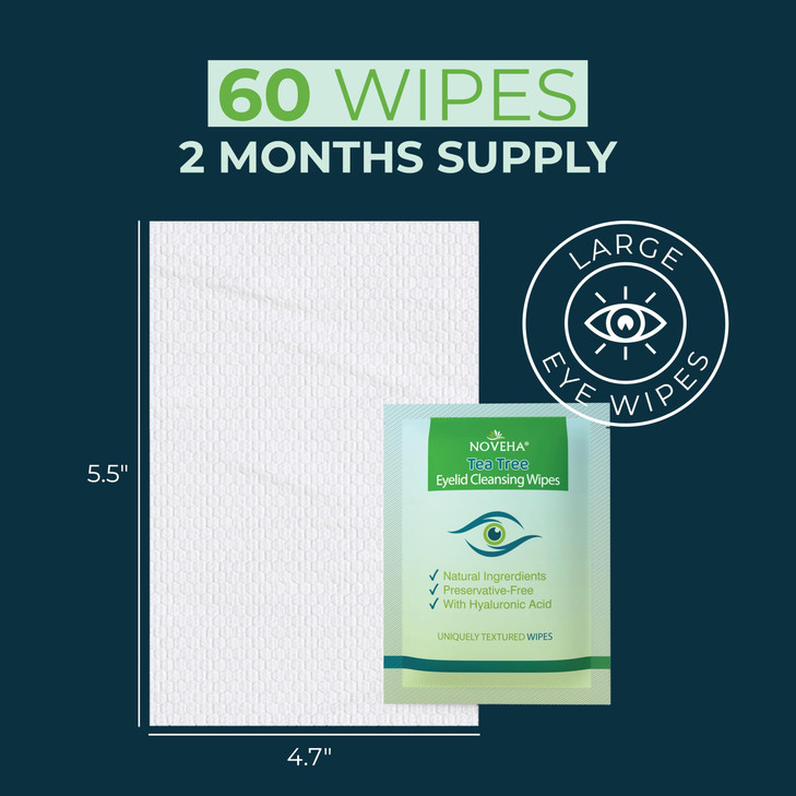 NOVEHA 180PCs Tea Tree Oil Eyelid Lash Wipes With Hyaluronic Acid Green Tea Chamomile For Blepharitis Itchy Eyes Individ