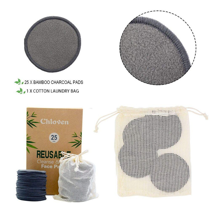 Chloven 25 Pack Charcoal Bamboo Reusable Makeup Remover Pads Bamboo Reusable Cotton Rounds for Toner Washable EcoFriendl