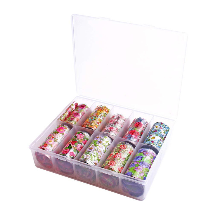 SILPECWEE 10 Rolls Foil Nail Art Stickers Tips Colorful Flower Starry Sky Film Wraps Nail Transfer Decals Manicure Acces