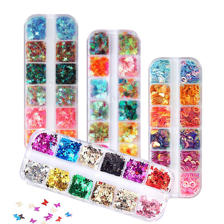 48 Boxes Holographic Nail Sequins FITDON Shell Round Star Leaf Butterfly Iridescent Flake Nail Glitter Colorful Confetti