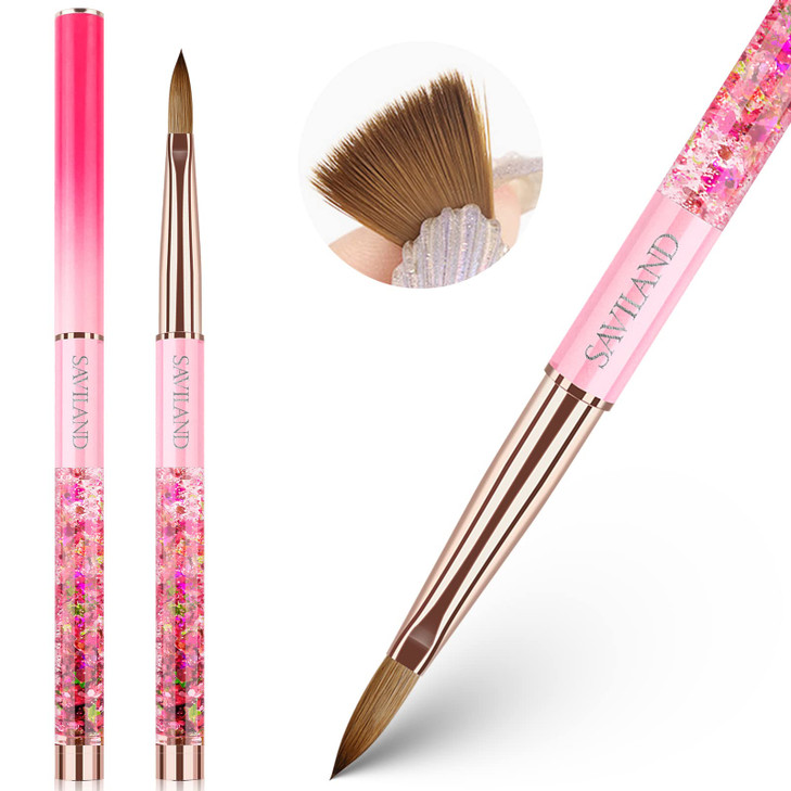 Saviland Acrylic Nail Brush Size 8 Acrylic Brush for Acrylic Powder Pink Gradient and Glowing Liquid Handle for Beginner
