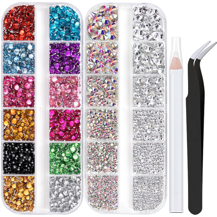 Two Packs of Flatback Rhinestones 4520 Pcs Crystal Colorful Rhinestones for Nails Multicolored ABTransparent White Gems