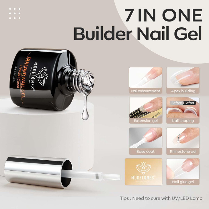 modelones Builder Nail Gel 7inOne Clear Builder for Nails LED Lamp Cured Color Rubber Base Gel Polish Coat Strengthener