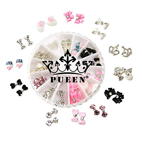 PUEEN 3D Nail Charms Wheel of 24pcs Resin Alloy Rhinestones Nail Art Decoration Bow Flower DIY for Nails Cell PhonesBH00