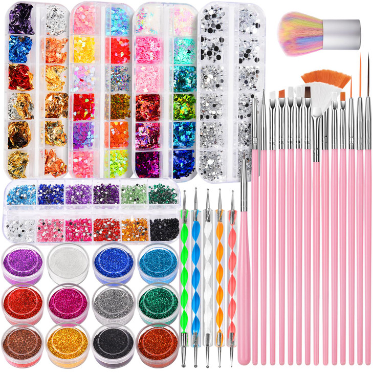 FANDAMEI Nail Art Kit Nail Art Brushes Set Nail Design Kit Dotting Tools Fine Nail Glitter Nail Decoration Butterfly Hea