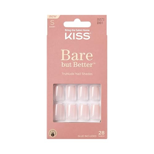 KISS Bare but Better Press On Nails Glossy Pink Short Length Square Shape 28 Fake Nails Pink Gel Nail Glue Net Wt 2g 007