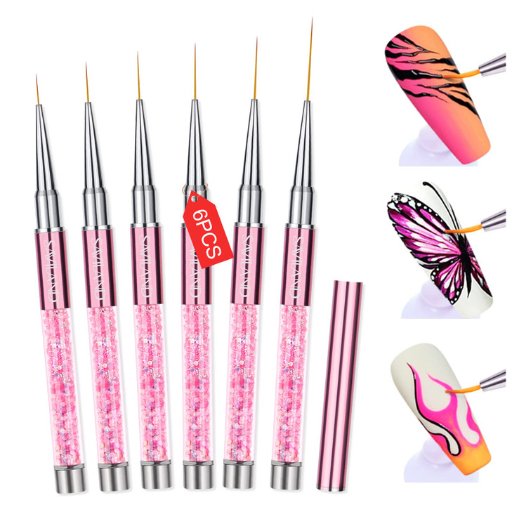 SAVILAND 6pcs Nail Art Liner Brushes Set Nail Brush Gel Polish Painting Nail Art Design Brushes Pen with Crushed Diamond