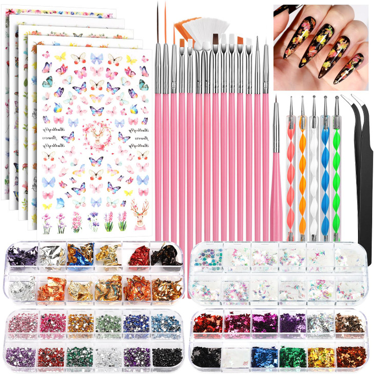 FANDAMEI Nail Art Brushes Set Nail Art Kit Nail Design Kit Nail Art Dotting Pens Nail Stickers Butterfly Nail Art Sequin