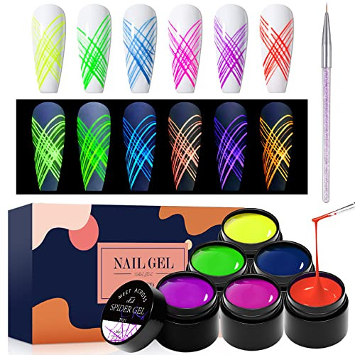 MEET ACROSS Reflective Spider Gel 6 Colors Diamond Glitter Painting Elastic Spider Gel Soak off UV LED Gel Nail Polish D