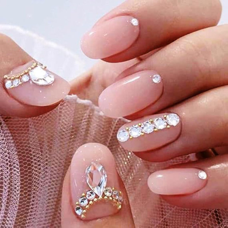 Evazen Oval Rhinestone False Nails Nude Pink Short Fake Nails Ballerina Natural Acrylic Artificial Press on Nails Daily