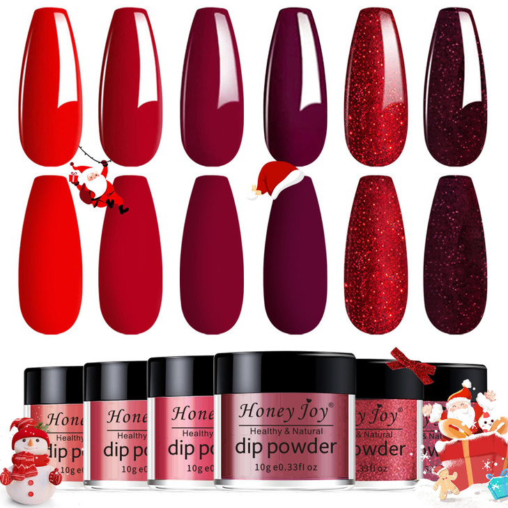 Honey Joy 6 BOXSET Wine Red Dip Powder Glitter Dark Barn Red Fine Dipping Powder Colors No Need Lamp CureLike Gel Polish