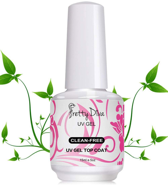 PrettyDiva No Wipe Gel Top Coat 05 Oz Clear UV Led Light Cured High Gloss Soak Off Gel Nail Polish