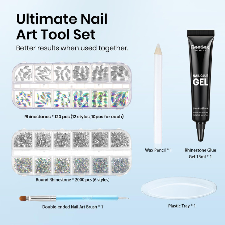 Beetles Gel Polish Nail Glue with Nail Gems Set 15ml Nail Rhinestone Glue 1202000Pcs Crystal Glass AB Rhinestones For Na