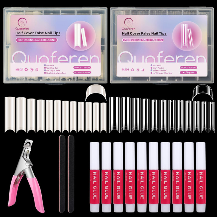 480PCS Extra Long C Curve Nail Tips and Glue 2 Packs Natural and Clear Acrylic for Nails Professional Set 12 Sizes Artif