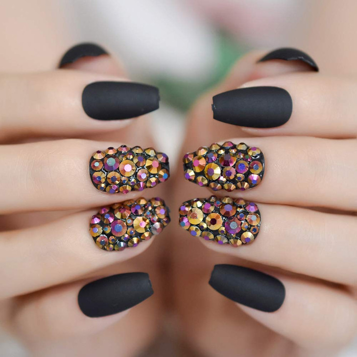 Coolnail Matte Gray Punk Style Press on Nail Fashion Gray Rhinestones Coffin False Nails Tips Artificial Frosted Fake Na