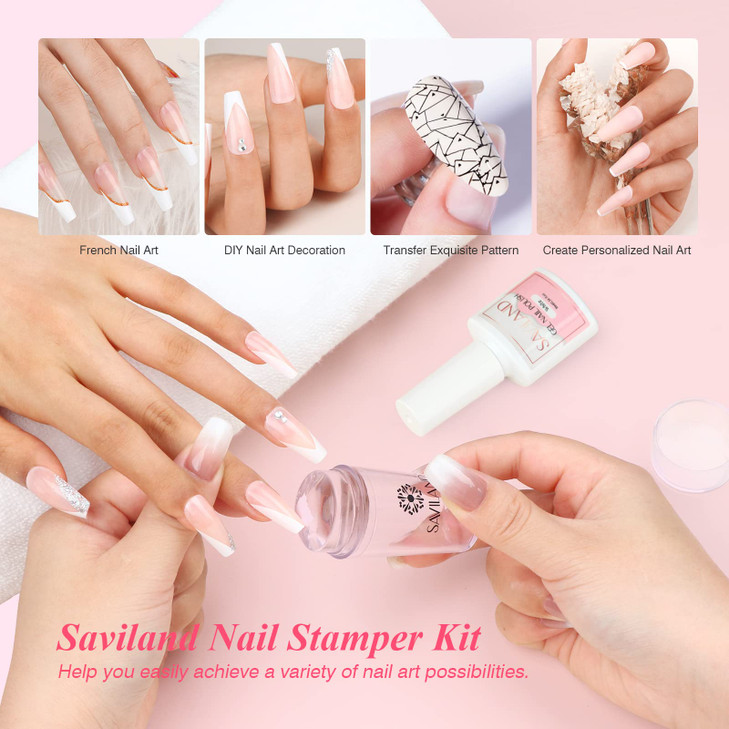 Saviland French Manicure Kit French Tip Nail Stamp with White Gel Nail Polish Set Jelly Silicone Nail Stamper Nail Stamp