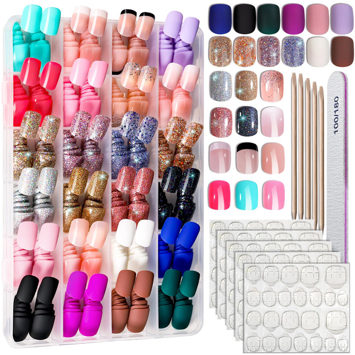 FANDAMEI Press on Nails 24 Colors 576PCS Press on Nails Short Square Matte Glossy Glitter Nails Short Round Natural Fit