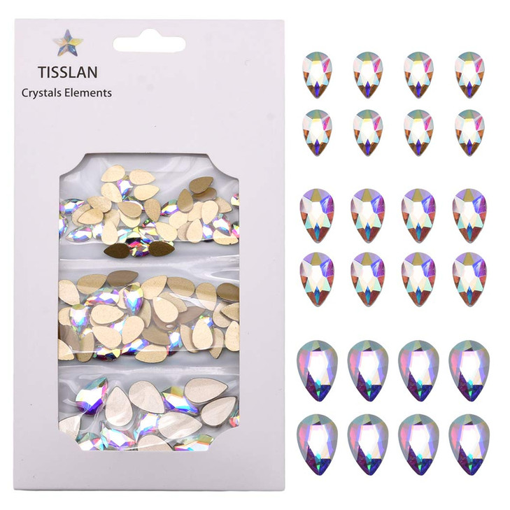Tisslan 100pcs Crystal AB Foiled Pear Shape Flatback Rhinestone 3 Sizes Mix Nail Art Stones Decorations Jewels for DIY S