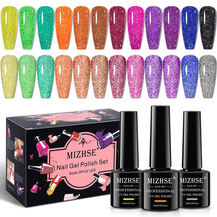 MIZHSE Reflective Diamond Gel Nail Polish Kit 12 Pcs Colorful Glitter Soak Off UV LED Gel Polish Sparkly Home Manicure N