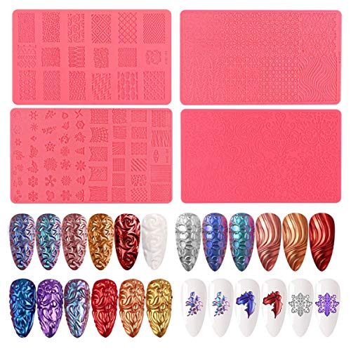 4pcs Mix Nail Art Silicone Printing Template Nail Mold 3D Soft Silicone Carving Mold Sculpture Stamping Stencils 3D Reli