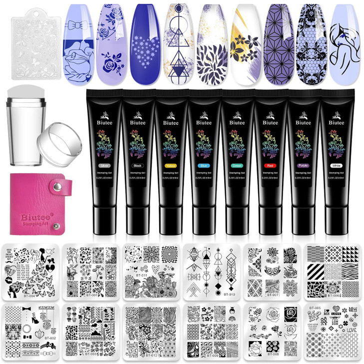 Biutee Nail Stamper Kit 12Pcs Nail Stamping Plate 8Pcs Stamping Gel Polish Nail Stamping Kit with Silicone Stamper Scrap