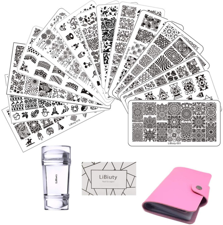 LiBiuty 15Pcs Nail Stamping Plates Set 1 Nail Stamper 1Scraper 1Storage Bag Nail Templates Lace Flower Geometric Animal