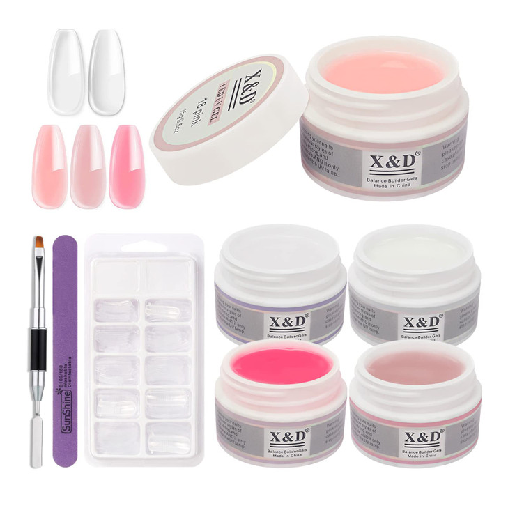 XD Gel Nail Polish Kit Polygel Quick Dry Natural Clear 5 Colors Nail Extension with Dual Forms Brush File Set