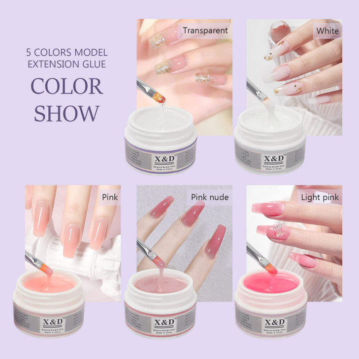XD Gel Nail Polish Kit Polygel Quick Dry Natural Clear 5 Colors Nail Extension with Dual Forms Brush File Set
