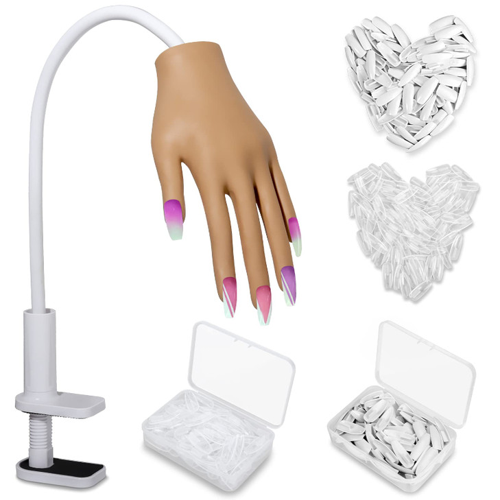 Silicone Practice Hand for Acrylic Nails Realistic Flexible Fake Nail Hand Practice with Bracket Soft Bendable Mannequin
