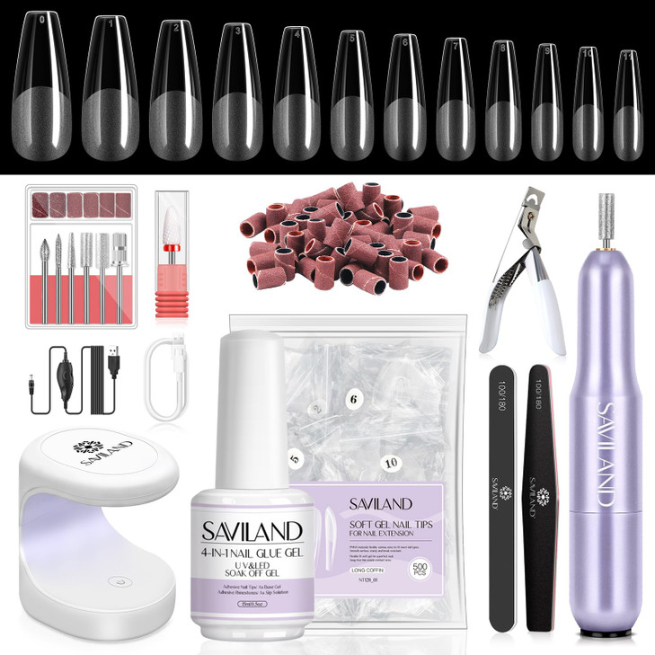 SAVILAND Gel Nail Kit with Drill ALLIN1 Beginner Nail Kit 05Oz U V Nail Glue Gels Gel Nail X Kit with Lamp 500 Pcs Long